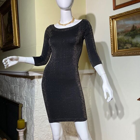 Bebe Stretch Metallic Black & Gold Bodycon Mini Dress 3/4 Sleeves - Picture 2 of 10
